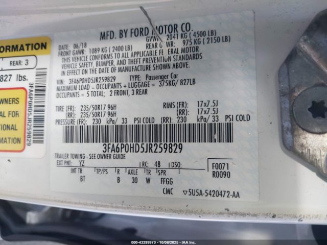 2018 FORD FUSION 3FA6P0HD5JR259829 Photo 8