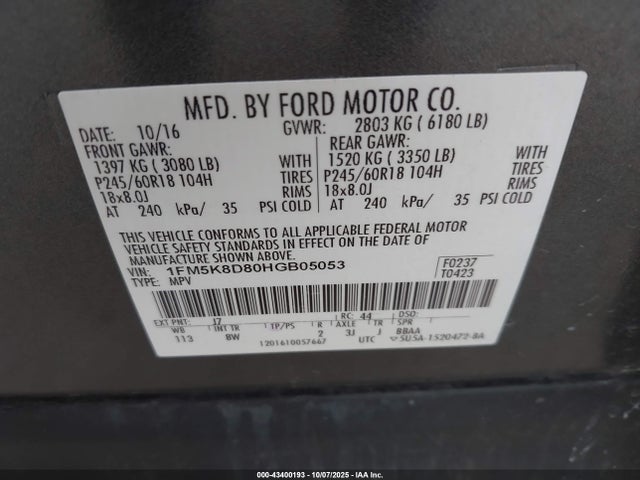 1FM5K8D80HGB05053 Ford 3.5l ti-vct