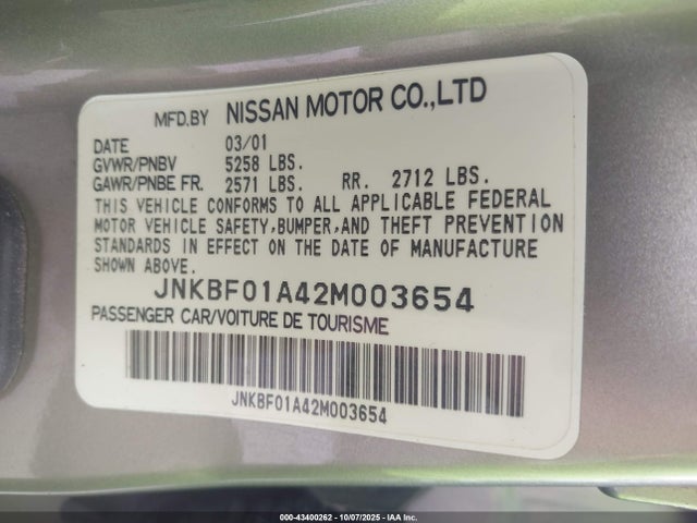 43400262 :رقم المزاد ، JNKBF01A42M003654 vin ، 2002 Infiniti Q45 Luxury مزاد بيع