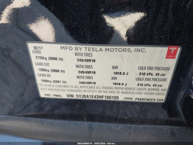 2017 TESLA MODEL S 5YJSA1E43HF186105 Photo 8
