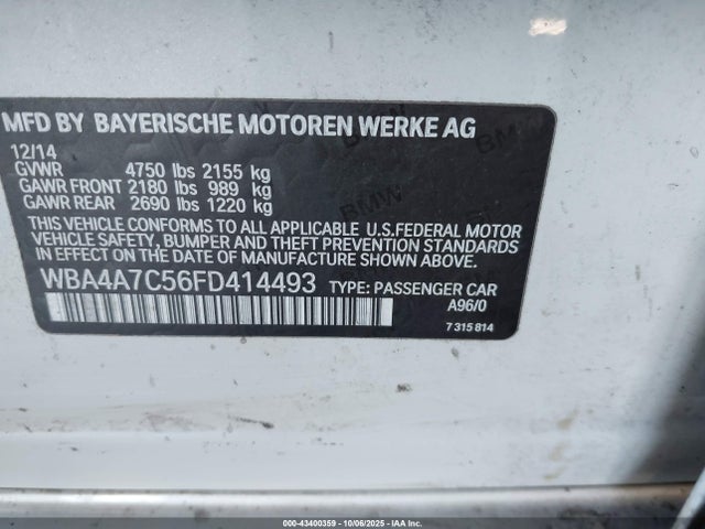 43400359 :رقم المزاد ، WBA4A7C56FD414493 vin ، 2015 Bmw 428 Gran Coupe Xdrive مزاد بيع