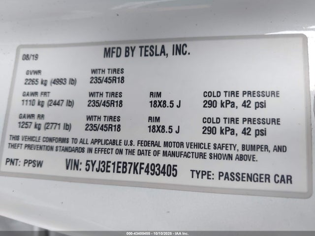 2019 TESLA MODEL 3 5YJ3E1EB7KF493405 Photo 8