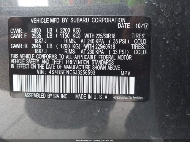 Subaru Outback 3.6r Limited 2018 4S4BSENC6J3256593 Image 9