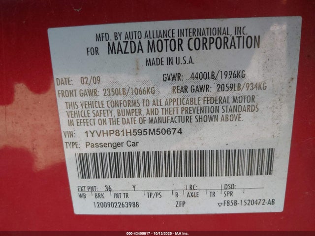 Auction sale of the 2009 Mazda Mazda6 I Sport, vin: 1YVHP81H595M50674, lot number: 43400617