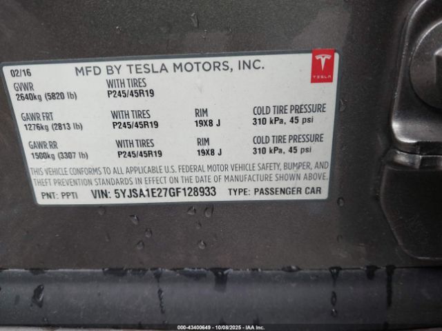 2016 TESLA MODEL S 5YJSA1E27GF128933 Photo 8