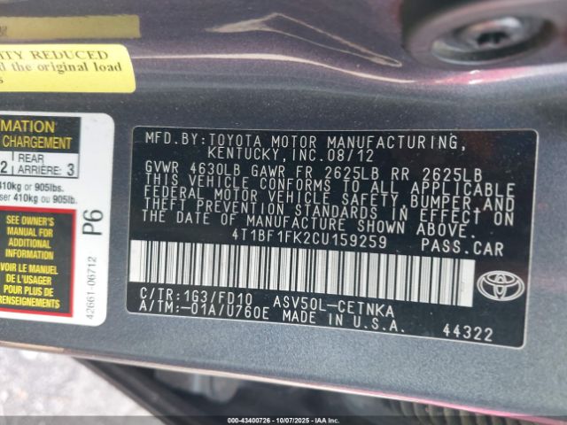 2012 TOYOTA CAMRY 4T1BF1FK2CU159259 Photo 8