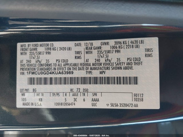 1FMCU0GD4KUA63989 Ford 1.5l gtdi sigma w/premium fuel
