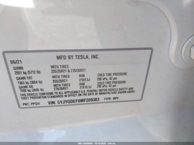 2021 TESLA MODEL Y 5YJYGDEF8MF209383 Photo 8