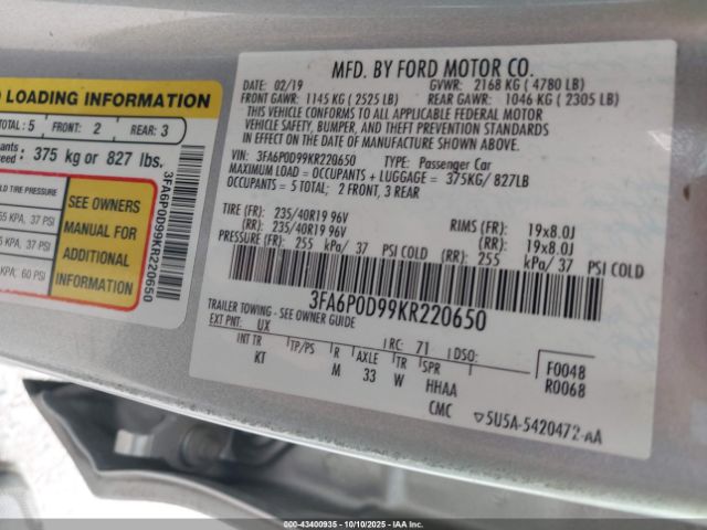 2019 FORD FUSION 3FA6P0D99KR220650 Photo 8