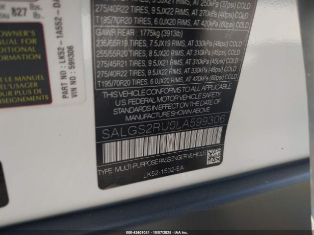 2020 LAND ROVER RANGE ROVER SALGS2RU0LA599306 Photo 8