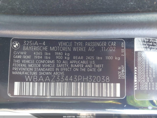 Продаж на аукціоні авто 2003 Bmw 3 Series, vin: WBAAZ33443PH32038, номер лоту: 43401106