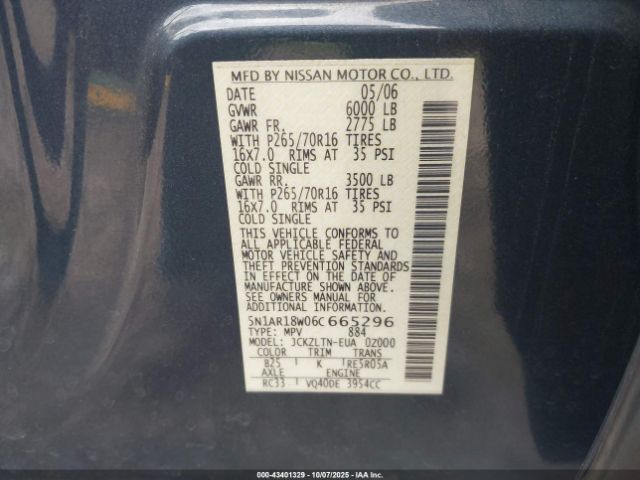2006 NISSAN PATHFINDER 5N1AR18W06C665296 Photo 8