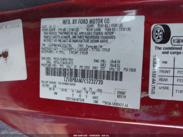 2012 FORD MUSTANG 1ZVBP8AM7C5232720 Photo 8