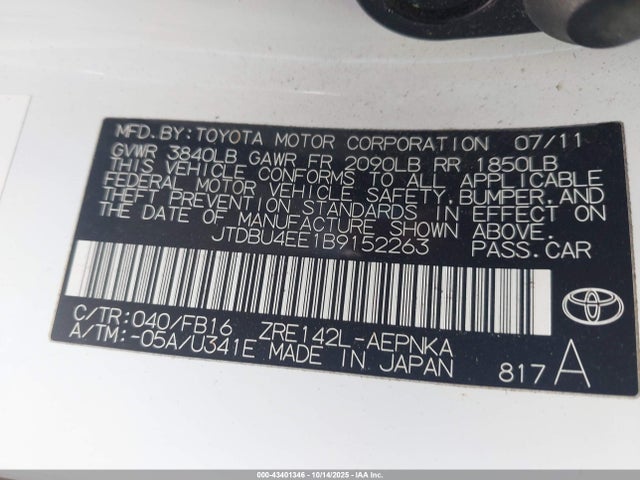 Aukcja sprzedaży 2011 Toyota Corolla Le, vin: JTDBU4EE1B9152263, numer aukcji: 43401346