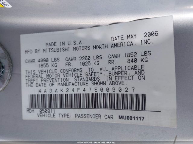 2007 MITSUBISHI ECLIPSE 4A3AK24F47E009027 Photo 8