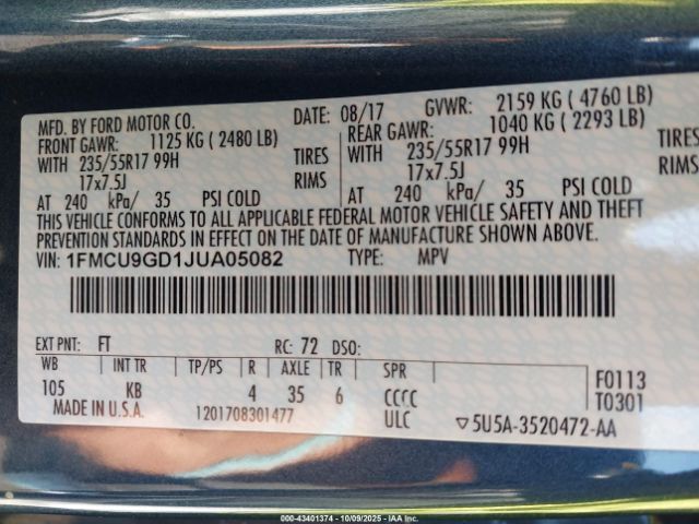 2018 FORD ESCAPE 1FMCU9GD1JUA05082 Photo 8