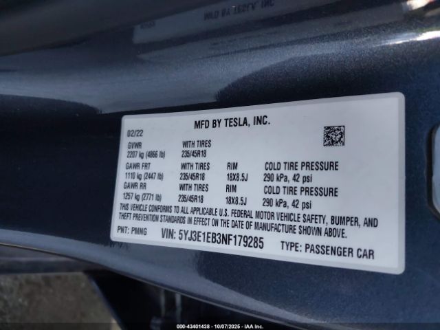 2022 TESLA MODEL 3 5YJ3E1EB3NF179285 Photo 8