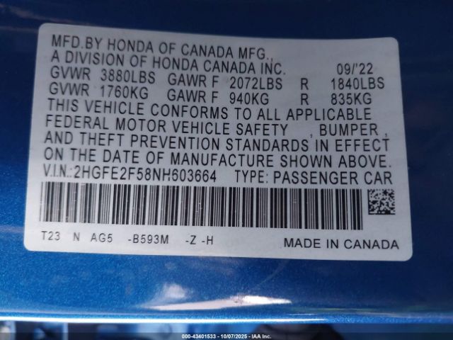 2022 HONDA CIVIC 2HGFE2F58NH603664 Photo 8