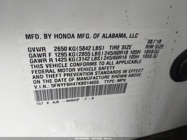 Honda Pilot Ex-l 2019 5FNYF6H47KB014655 Image 9