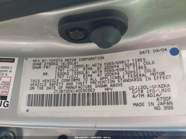 2004 LEXUS GX 470 JTJBT20X140050563 Photo 8