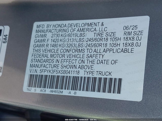 Honda j35y6 2025 5FPYK3F5XSB041118 Image 9