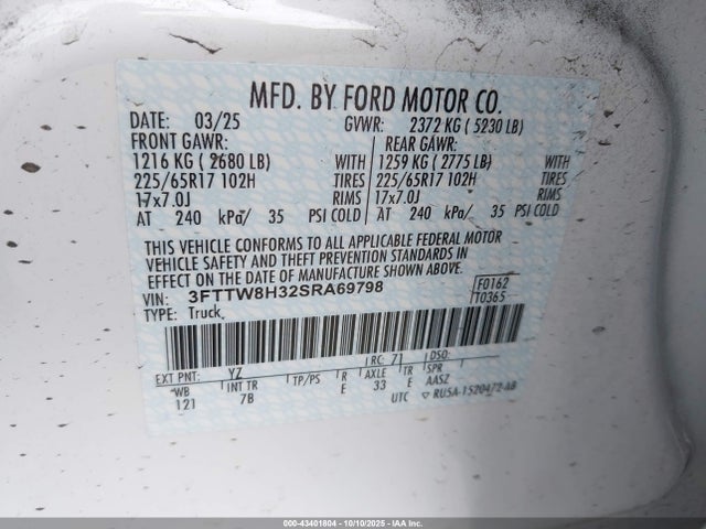 Продажа на аукционе авто 2025 Ford Maverick Xlt, vin: 3FTTW8H32SRA69798, номер лота: 43401804