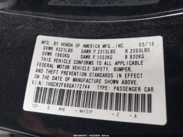 1HGCR2F66GA172744 Honda Accord Sport