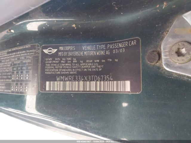2003 MINI COOPER S WMWRE334X3TD67354 Photo 8