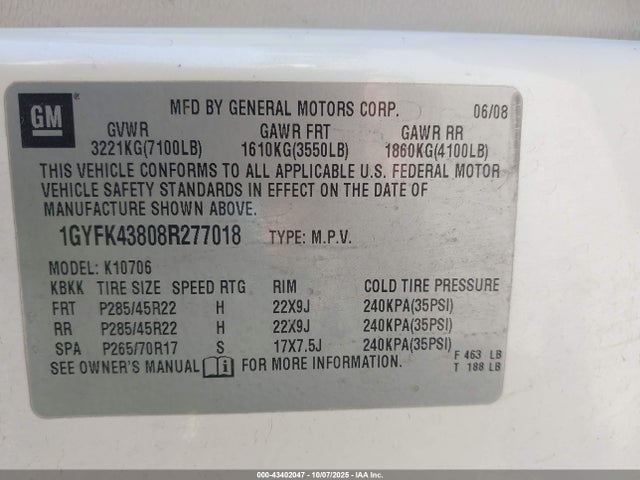 2008 CADILLAC ESCALADE 1GYFK43808R277018 Photo 8