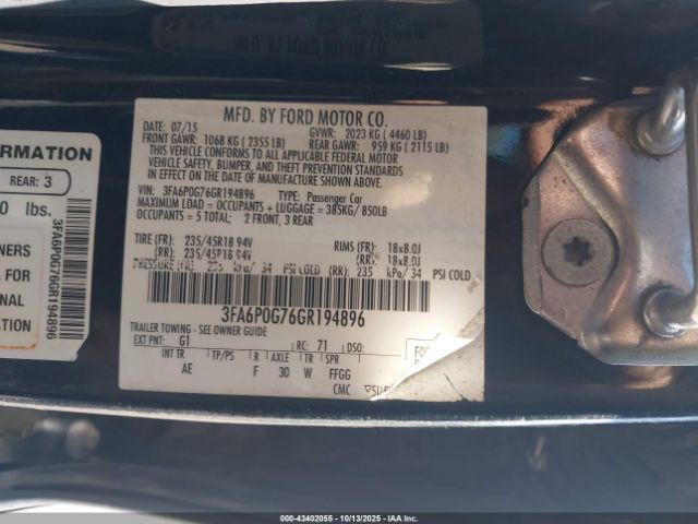 2016 FORD FUSION 3FA6P0G76GR194896 Photo 8