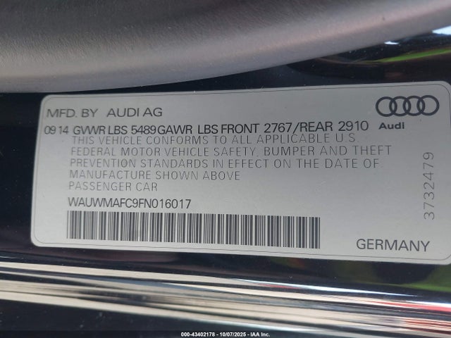 Aukcja sprzedaży 2015 Audi A7 3.0 Tdi Premium Plus, vin: WAUWMAFC9FN016017, numer aukcji: 43402178