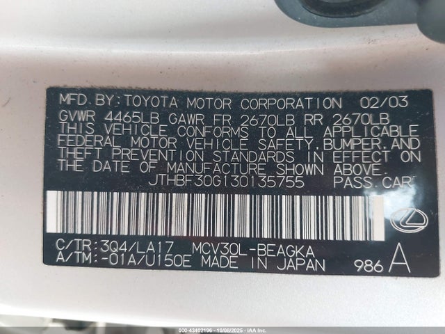 Продажа на аукционе авто 2003 Lexus Es 300, vin: JTHBF30G130135755, номер лота: 43402196