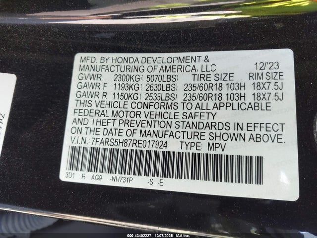 7FARS5H87RE017924 Honda Cr-v Hybrid Sport-l
