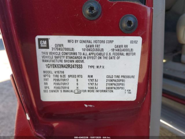 2002 CADILLAC ESCALADE 1GYEK63N42R247833 Photo 8