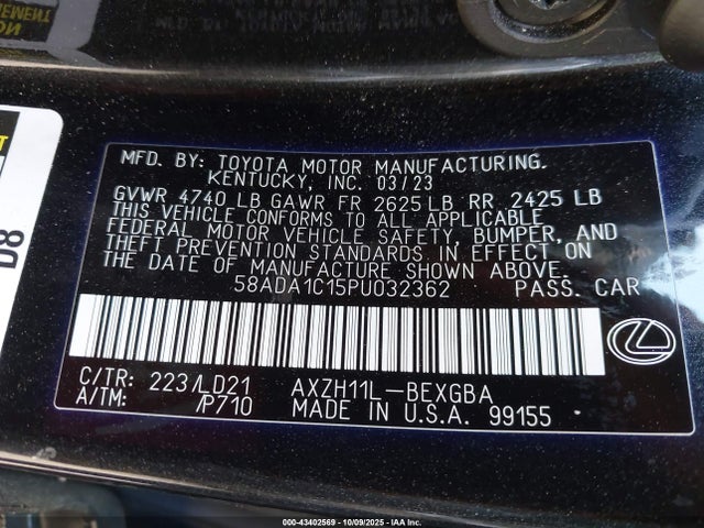 43402569 :رقم المزاد ، 58ADA1C15PU032362 vin ، 2023 Lexus Es 300h مزاد بيع