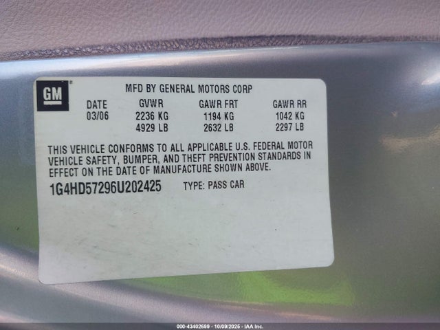 Продаж на аукціоні авто 2006 Buick Lucerne Cxl, vin: 1G4HD57296U202425, номер лоту: 43402699