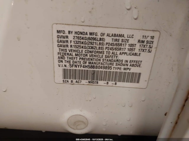 Продажа на аукционе авто 2011 Honda Pilot Exl, vin: 5FNYF4H58BB049895, номер лота: 43402845