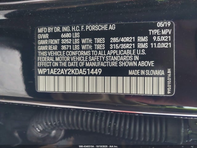 Aukcja sprzedaży 2019 Porsche Cayenne E-hybrid, vin: WP1AE2AY2KDA51449, numer aukcji: 43403154