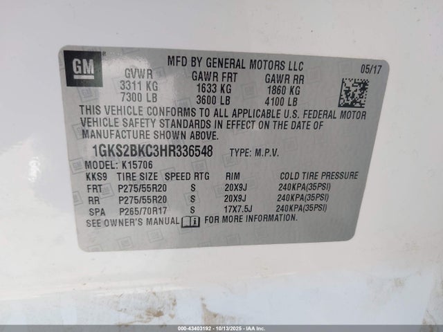 GMC YUKON SLT 2017 1GKS2BKC3HR336548 Image 9