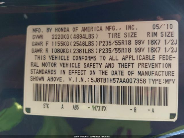 2010 ACURA RDX 5J8TB1H57AA007358 Photo 8