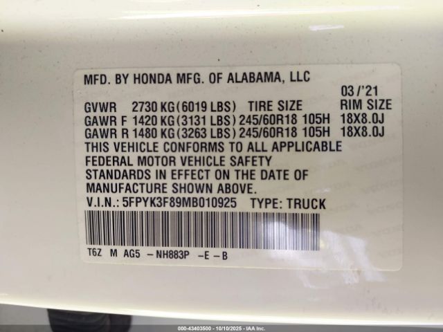 2021 HONDA RIDGELINE 5FPYK3F89MB010925 Photo 8