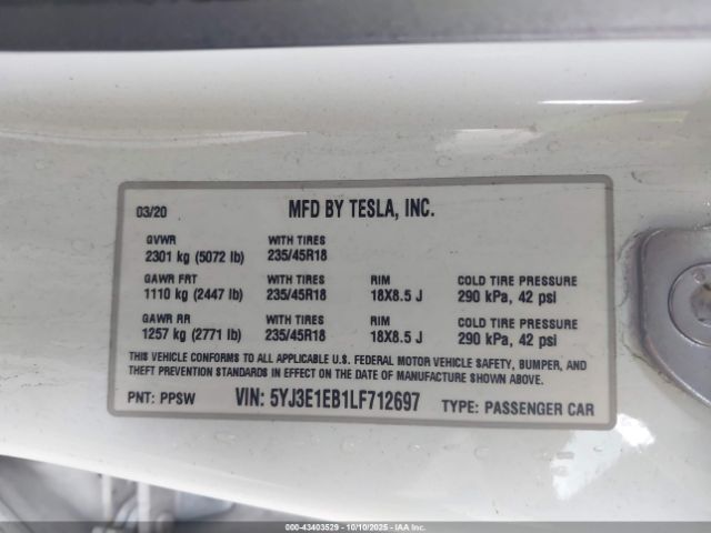 2020 TESLA MODEL 3 5YJ3E1EB1LF712697 Photo 8