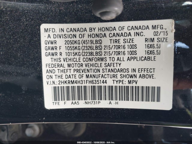 Honda k24w9 2015 2HKRM4H31FH635144 Image 9