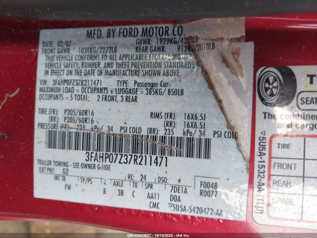 2007 FORD FUSION 3FAHP07Z37R211471 Photo 8