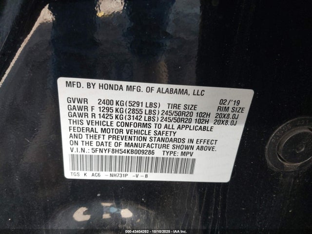 Honda j35y6 2019 5FNYF8H54KB009286 Image 9