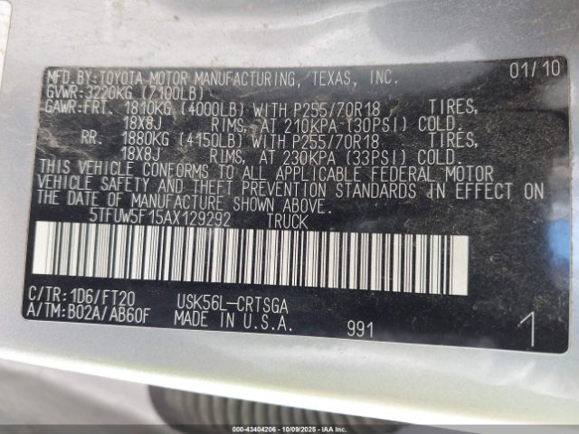 5TFUW5F15AX129292, 2010 Toyota Tundra Grade 5.7l V8 vehicle history