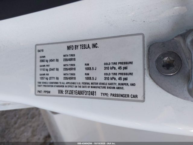 2019 TESLA MODEL 3 5YJ3E1EA8KF312481 Photo 8