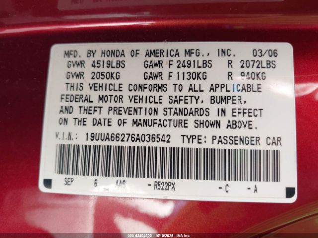 2006 ACURA TL 19UUA66276A036542 Photo 8