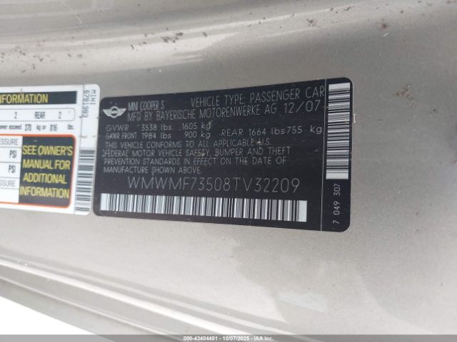 2008 MINI COOPER S WMWMF73508TV32209 Photo 8