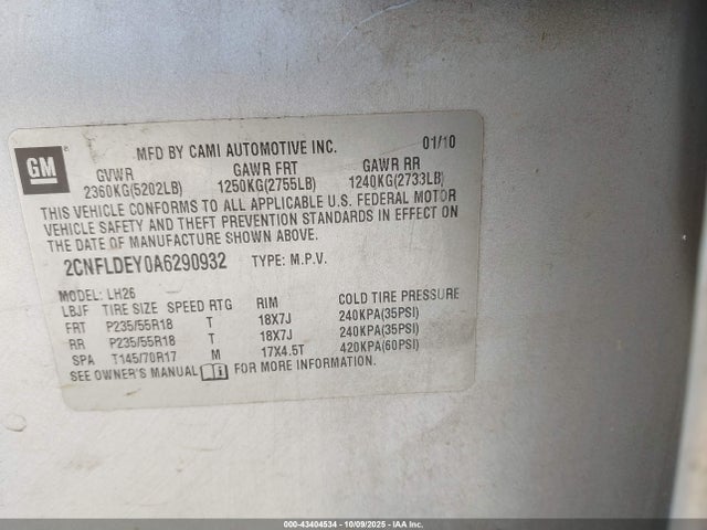 Продажа на аукционе авто 2010 Chevrolet Equinox Lt, vin: 2CNFLDEY0A6290932, номер лота: 43404534